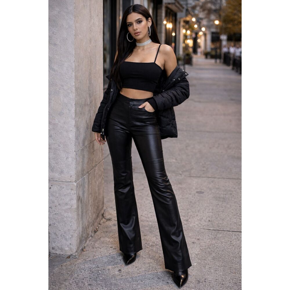 BEBE Black 100% Leather Straight Pants Trousers  Women's Size 0